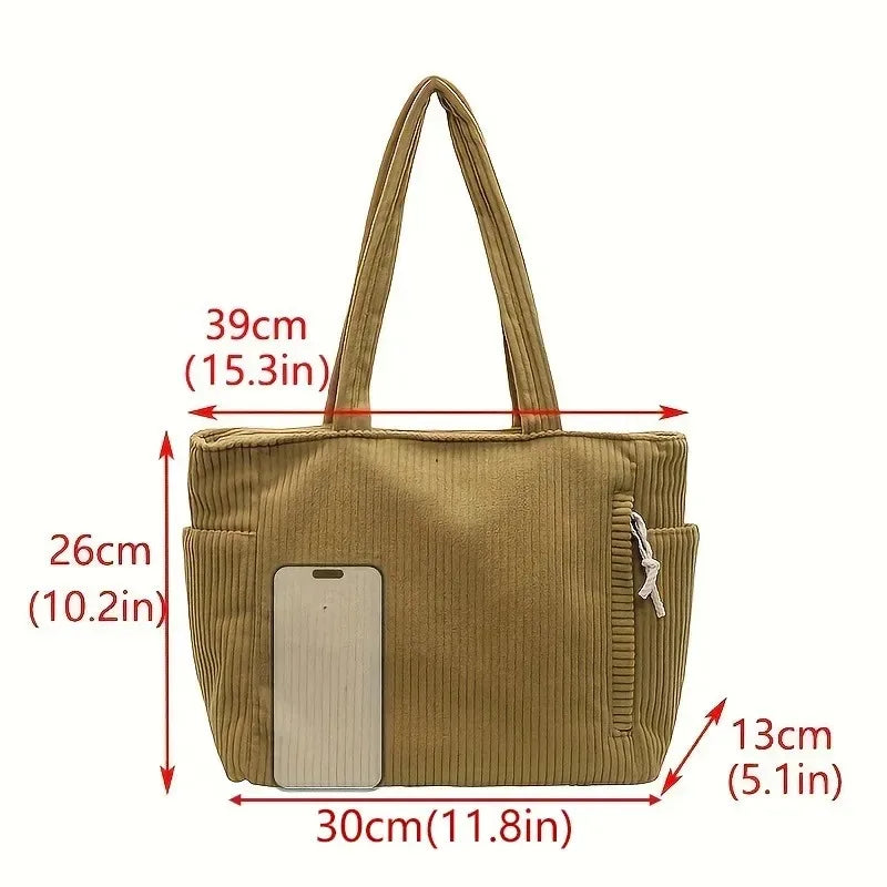 Sac à main décontracté en velours côtelé avec fermeture à glissière, léger et grande capacité, bandoulière fixe, couleur unie, sac à main de banlieue quotidien
