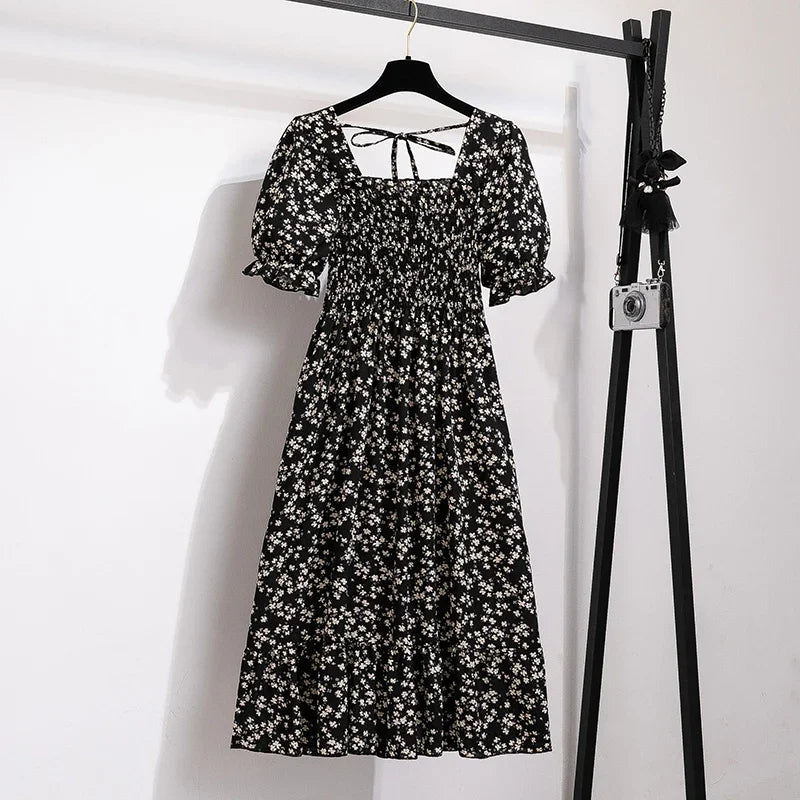 Printemps été robes en mousseline de soie mode femme taille élastique à manches courtes plissée tenue décontractée femmes robes a-ligne robes
