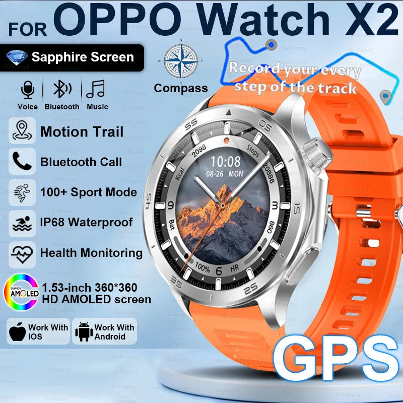 Pour OPPO X2 GPS montres intelligentes homme 360*360 AMOLED écran fréquence cardiaque Bluetooth appel IP68 étanche boussole sport Smartwatch 2025