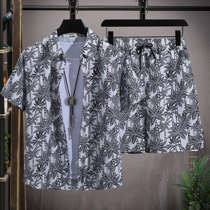 Ensemble de plage hawaïenne pour hommes Chemise à manches courtes à simple boutonnage et shorts Tenue de voyage décontractée pour vacances d’été