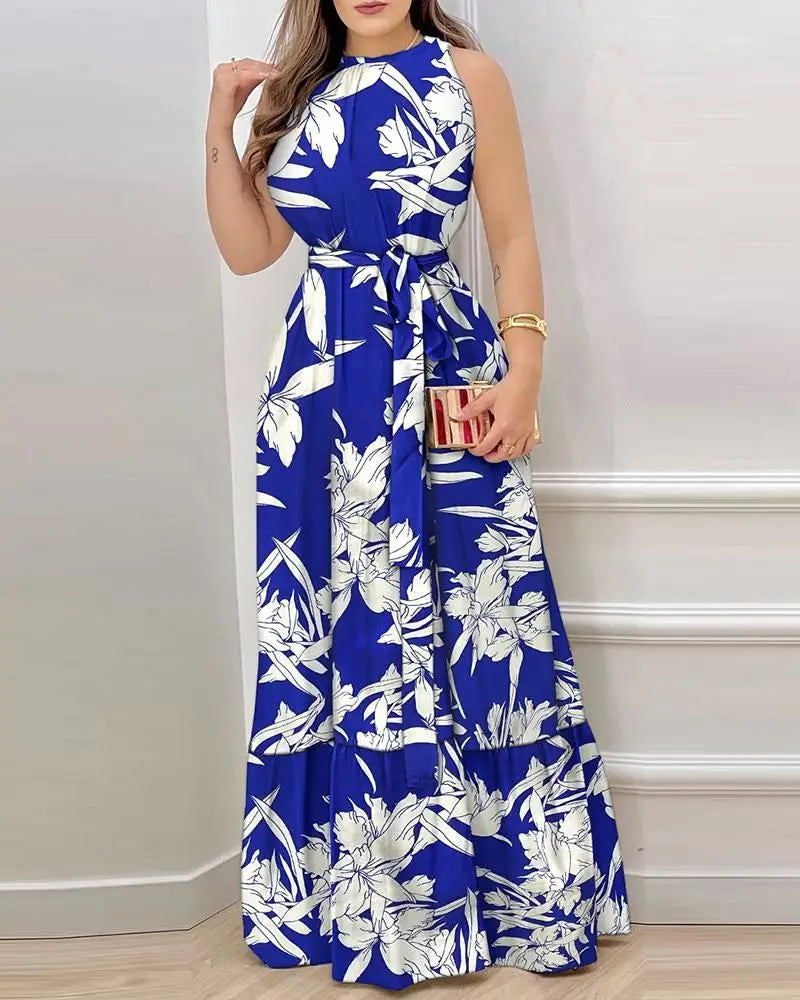 Women's Summer New Sexy Sleeveless Hanging Neck Dress With Lace Up Waist Fashionable Printed Lotus Leaf Skirt Floor Length Skirt