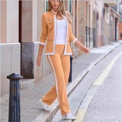 Automne nouvelle mode deux pièces ensemble couleur bloquant fermeture éclair élégant bureau crayon costumes femmes décontracté moulante pantalon ensemble Vestido