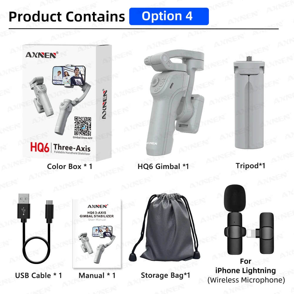 AXNEN HQ6 Gimbal à Main 3 Axes Intelligent avec Lumière de Remplissage pour iPhone, Samsung, Huawei, Xiaomi, VIVO, OPPO, Suivi du Visage, Kit TikTok et Vlog