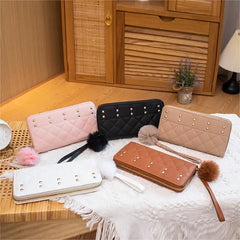 Portefeuille en cuir PU à rivets pour femmes, sac mobile à fermeture éclair, sac à cartes multiples, sac à main à longue pochette pour dames, grande capacité
