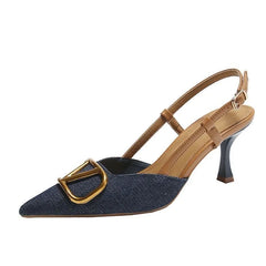 Rétro talons hauts 2025 nouveau français bouche légère tête pointue talon mince femmes Denim sandales à talons hauts sac d'été tête