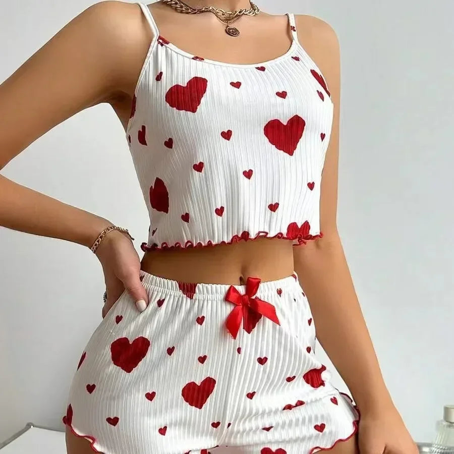 Ensemble pyjama d'été pour femmes, 2 pièces, doux, décontracté, imprimé amour, débardeurs et shorts, ensemble de Lingerie, vêtements de détente