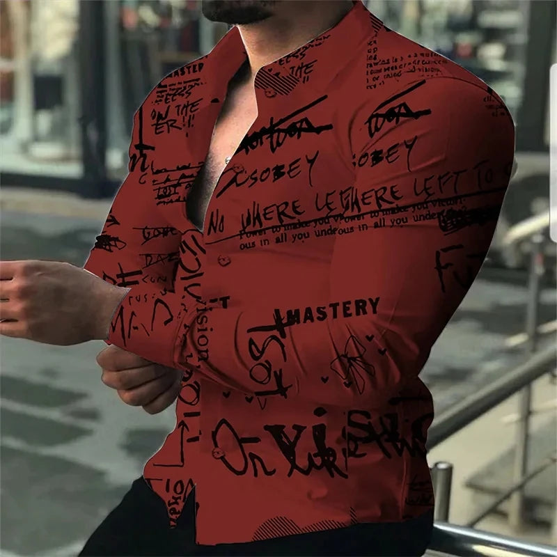 Long Sleeve Hawaiian Shirts Men Fashion Letter Shirt Black White Lepal Blouses Beach Blouse Single Breasted Camisa Vocation