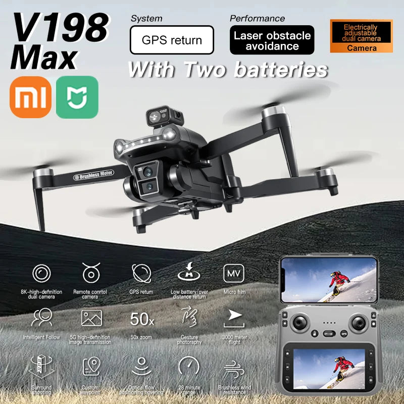 Xiaomi V198Max GPS Drone 4K professionnel 8K HD deux caméras Dron moteur sans brosse 5G WIFI FPV RC quadrirotor hélicoptère souhait écran
