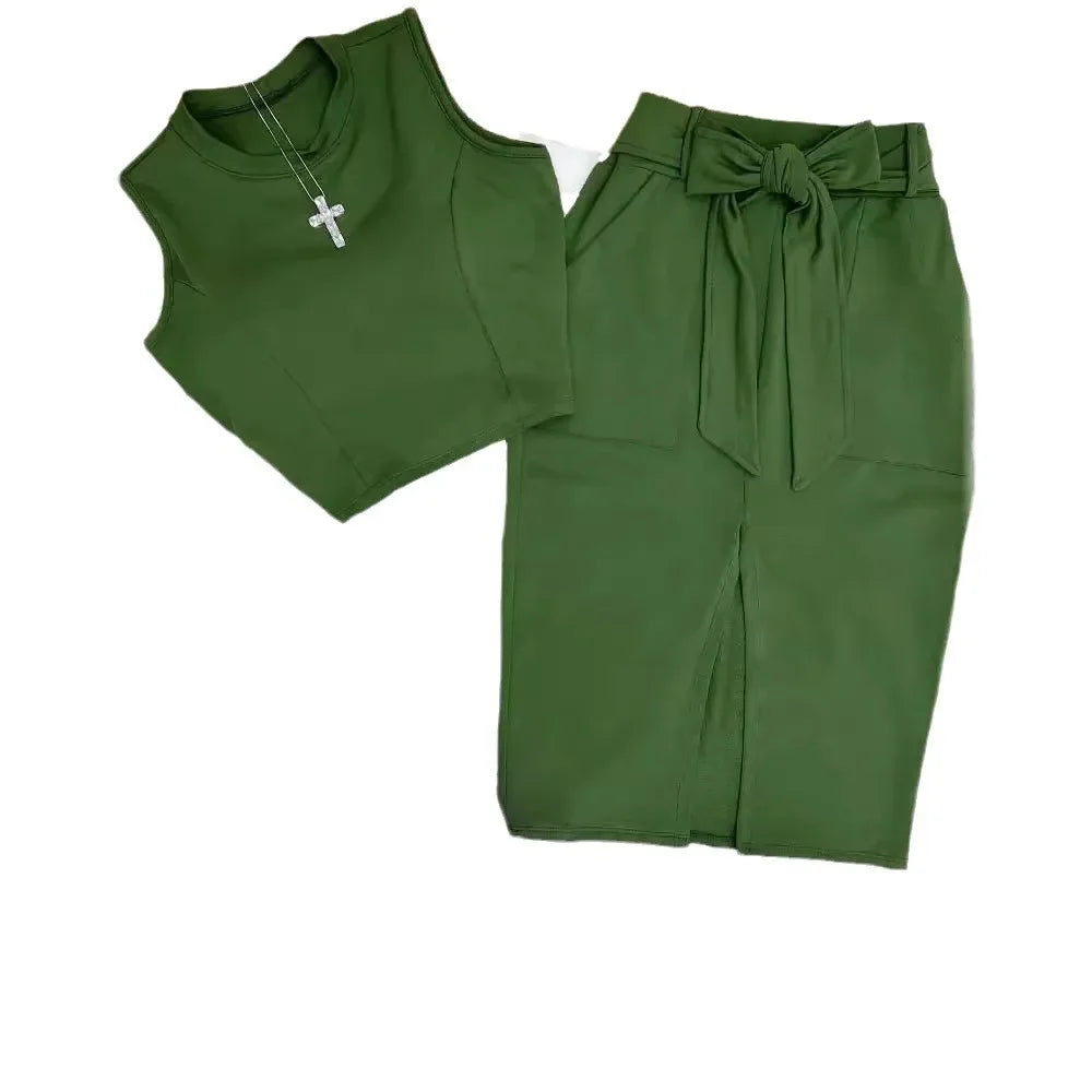 Ensemble jupe pour femmes, ensemble deux pièces, moulant, col rond, sans manches, haut court, jupes mi-longues, épissure taille haute, à lacets