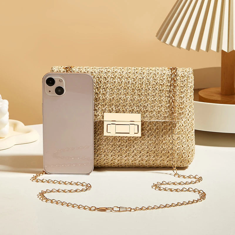 Sac à bandoulière en paille pour femmes, sac à bandoulière en chaîne tissé de grande capacité avec fermeture à boucle, pochette faite à la main