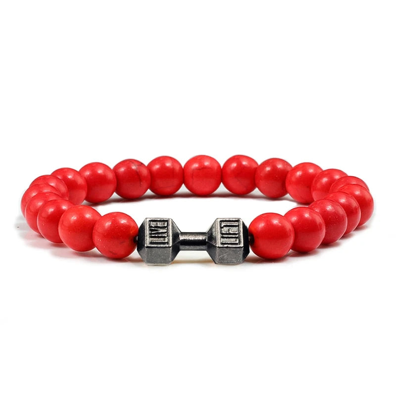 Bracelet en pierre volcanique naturelle Hommes Noir mat Lave Blanc Perles Breloque Haltère Brins Bracelets Femmes Barre Fitness Bijoux