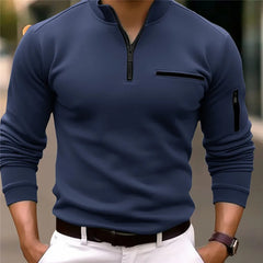 Printemps automne hommes POLO couleur unie fermeture éclair tous les jours décontracté classique confort fausses poches haute qualité à manches longues hauts