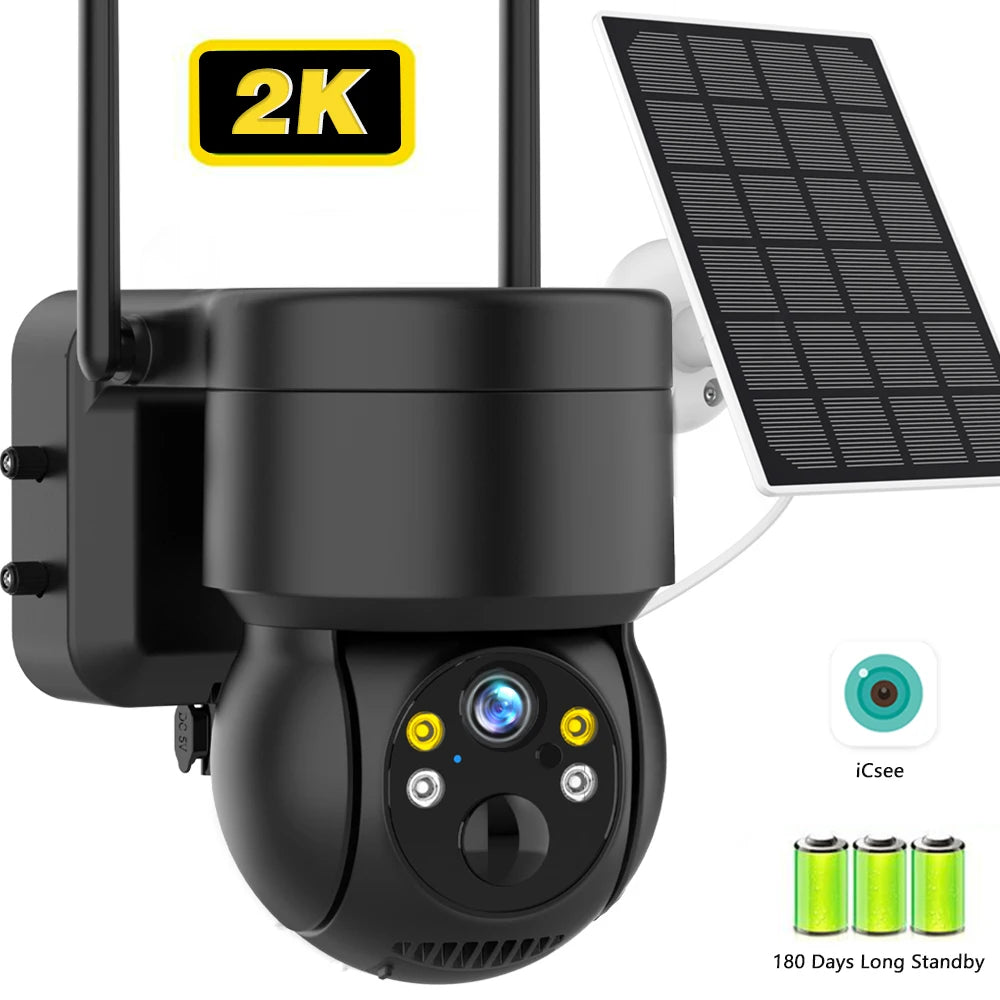Caméra solaire extérieure sans fil PTZ IP 4G, WiFi, 2K, 4MP HD, batterie intégrée, alarme humaine PIR, caméra de Surveillance vidéo, application iCsee