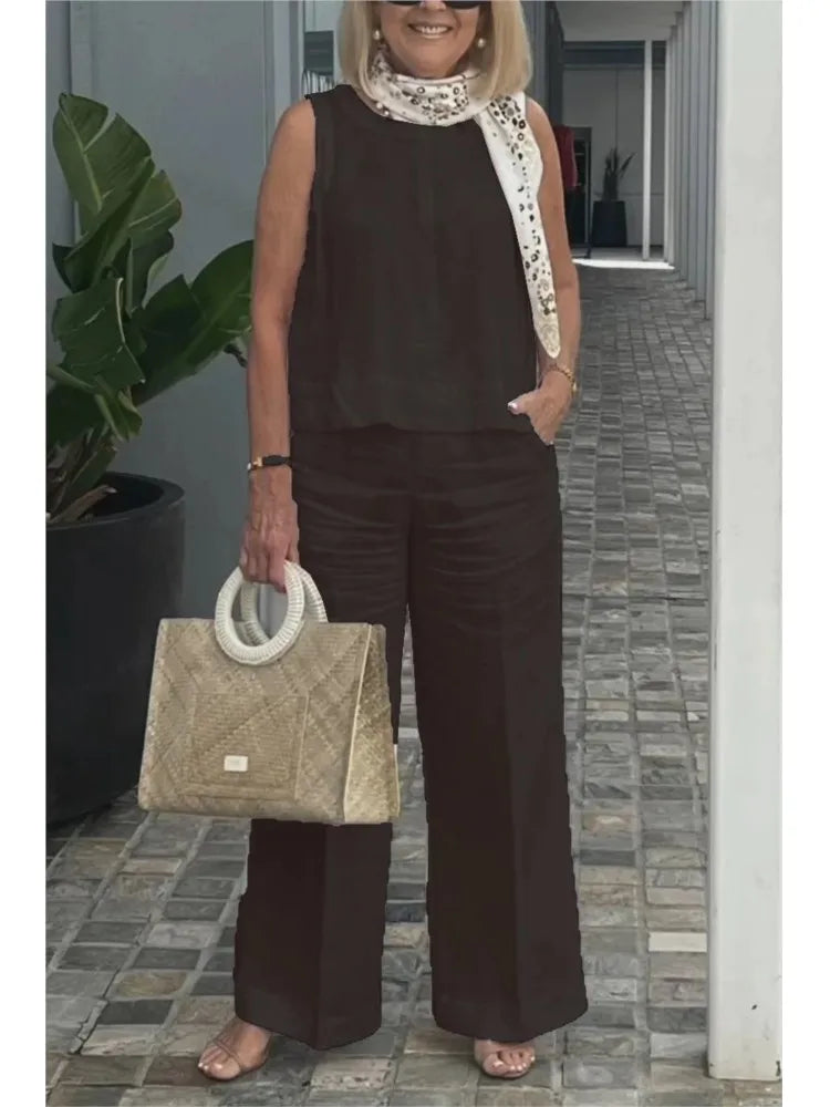 Spring Summer Cotton Linen Solid Color Sleeveless Women Pants Suit Simple Casual Pocket Elegant Female Office Retro 2 Piece Set