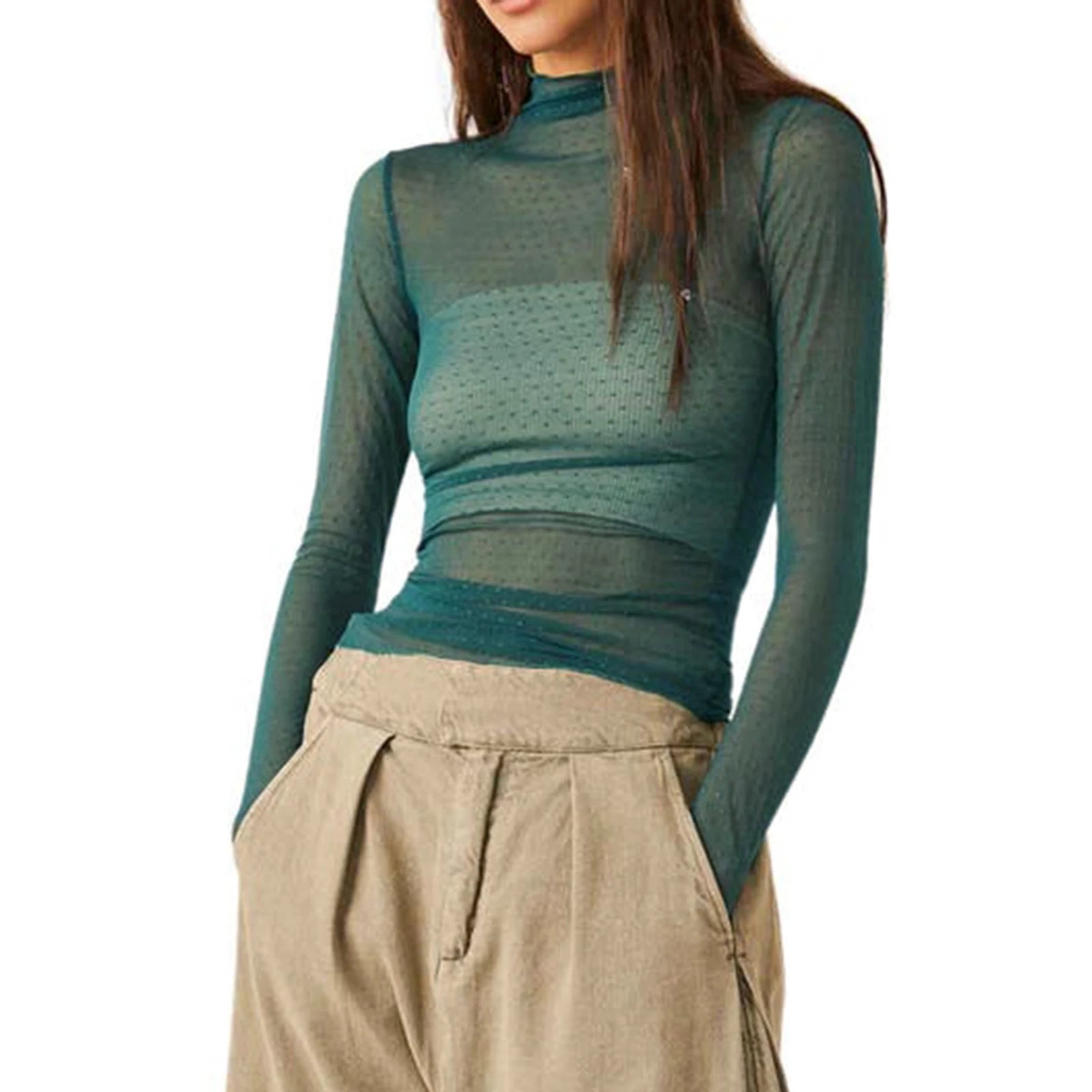 T-shirt à col roulé à manches longues pour femmes, maille transparente à pois, haut court, vêtements grunge, streetwear sexy, nickel é en Y