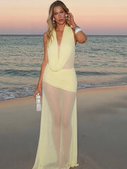 Whatiwear Sexy Voir À Travers Robe Femmes Halter Swing Col Patchwork Sans Manches Vacances Plage Parti Froncé Élégant Longue Moulante