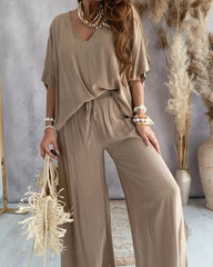 Été décontracté ample deux pièces ensemble femmes mode col en v pantalons ensembles femmes élégant manches chauve-souris Homewear tenues 2 pièces ensembles