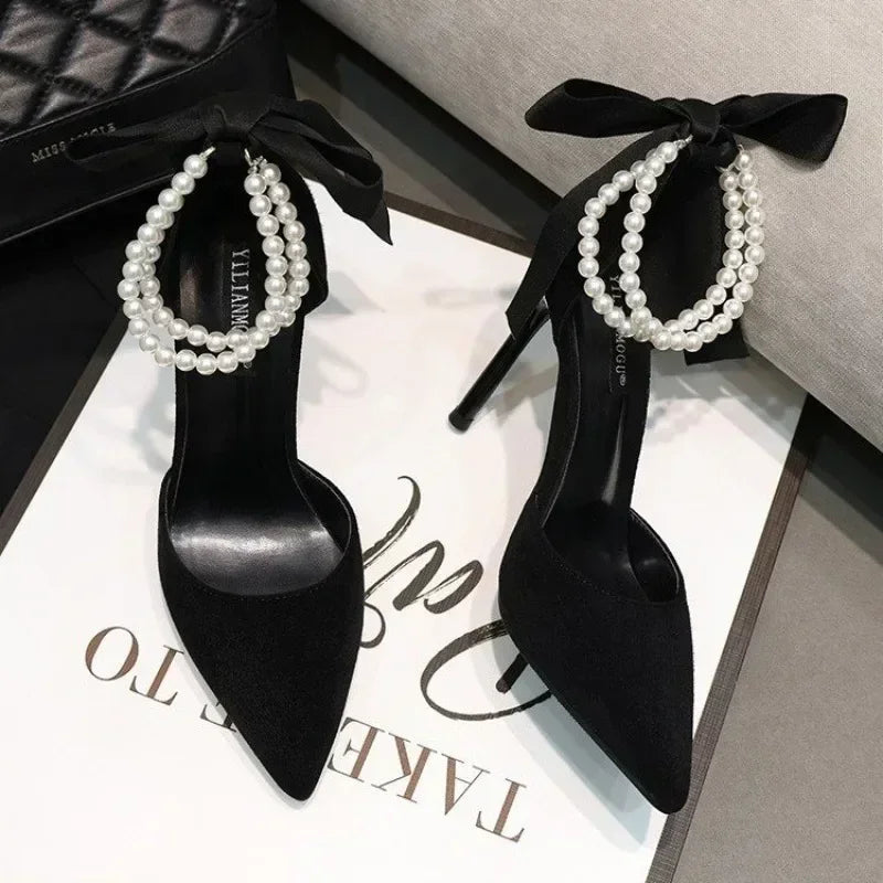Escarpins pointus de marque pour femmes, chaussures de printemps, Parker, solide, troupeau, perles, nœud, bouche peu profonde, nouveauté, talons hauts, 2023