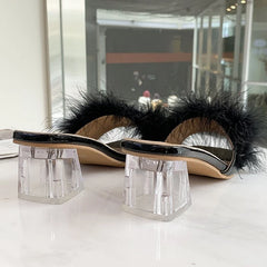 Pantoufles d'été à la mode pour femmes, bout ouvert, fourrure de renard en peluche, épaisses avec tongs, escarpins simples à bout carré pour Banquet à domicile, nouvelle collection