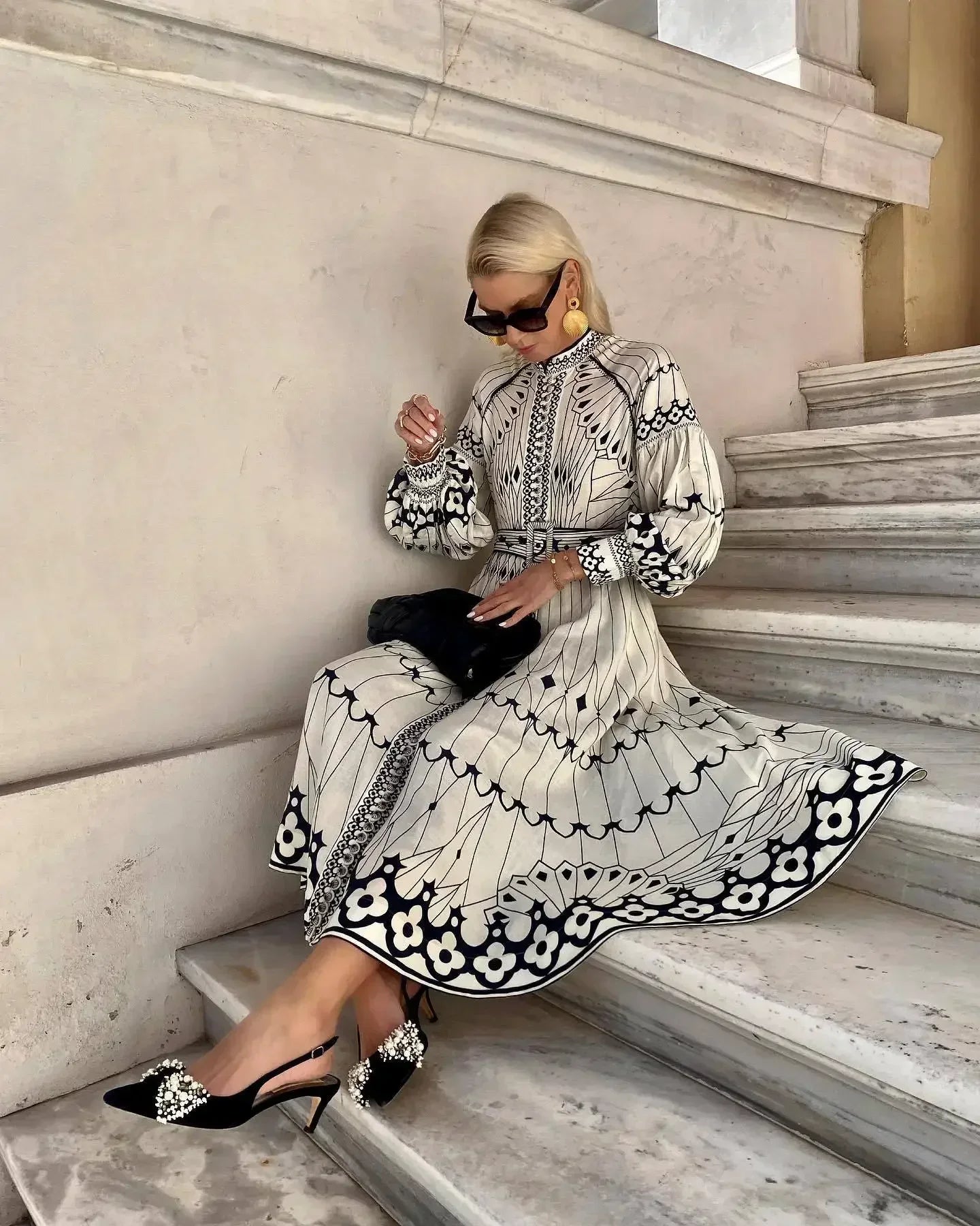 Robe longue rétro élégante à col montant pour femmes, motif imprimé, boucle ceinturée, robe de soirée, manches longues, ligne a, style Boho, automne