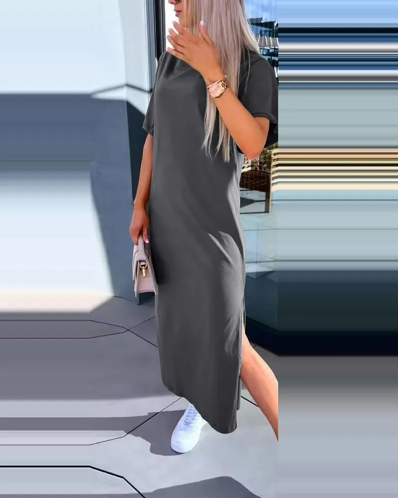 Robe longue Simple à col rond et manches courtes pour femmes, couleur unie, décontractée, ample, fendue, nouvelle collection été 2024