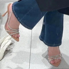 Sandales à talons hauts et fins pour femmes, nouveau Style féerique, Sexy, bouche peu profonde, dos creux, pointu, diamant d'eau, bout ouvert, été 2024