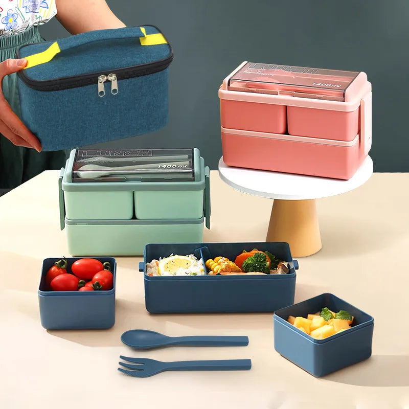 Boîte à déjeuner Portable pour enfants, avec fourchette et cuillère, boîtes à Bento en plastique Double couche pour micro-ondes, ensemble de vaisselle, conteneur de stockage des aliments