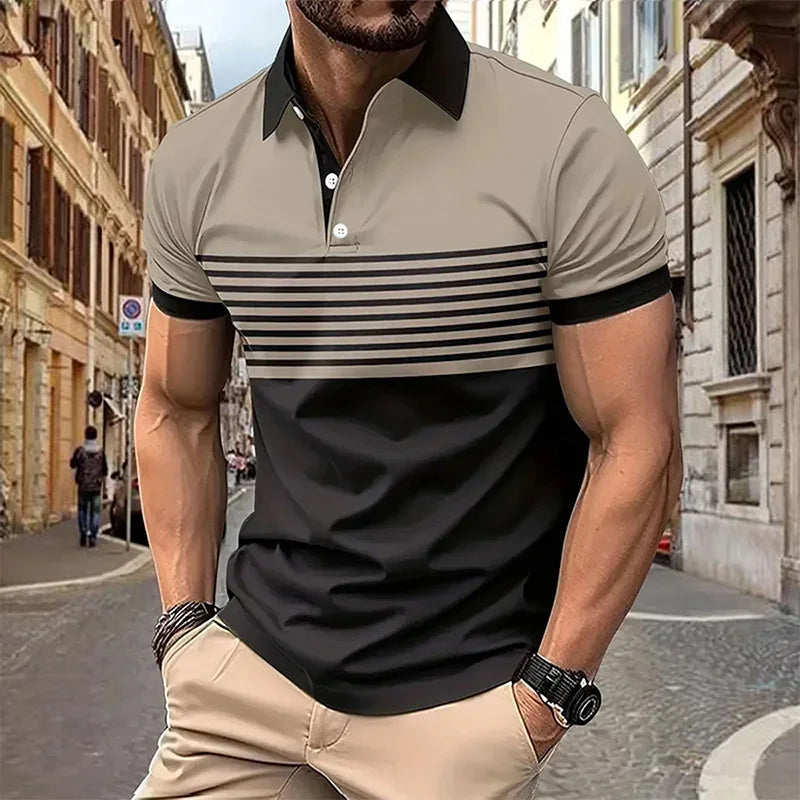 T-shirt à manches courtes à revers imprimé à rayures respirantes, chemise boutonnée de Style rétro décontracté pour hommes pour l'été