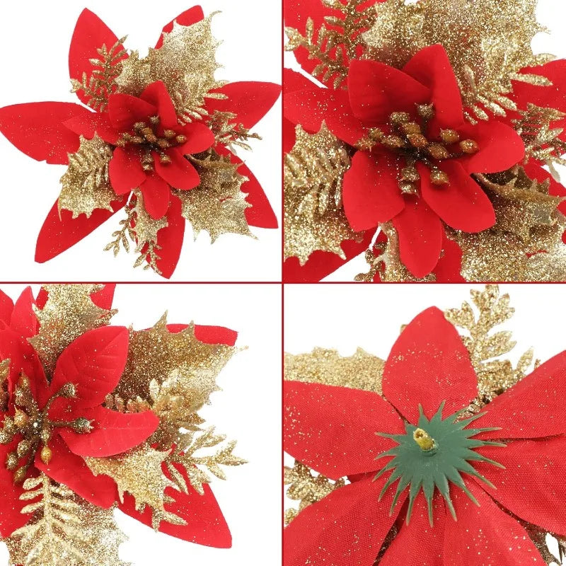 Poinsettia artificielle fleurs de noël rouge or étincelle fausse fleur pour ornements d'arbre de noël fleurs fête décor à la maison