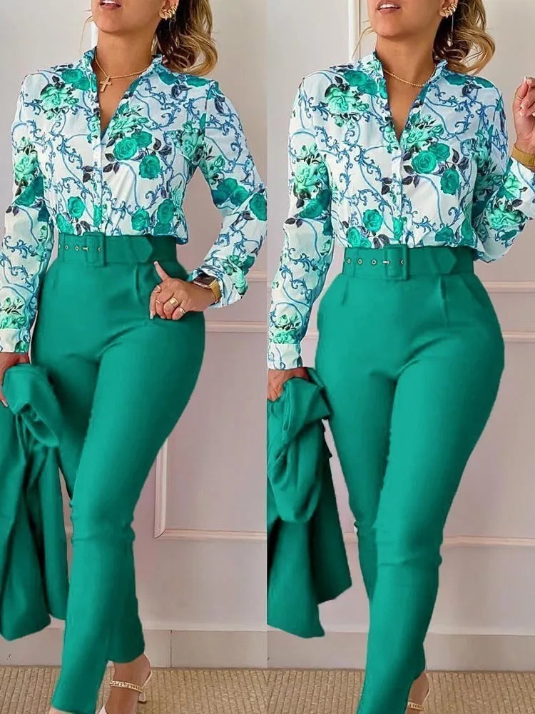 Autumn Winter Stand Neck Floral Print Long Sleeve Shirt Pants Two Piece Sets Elegant Women Casual Shirt Trousers Suits With Belt