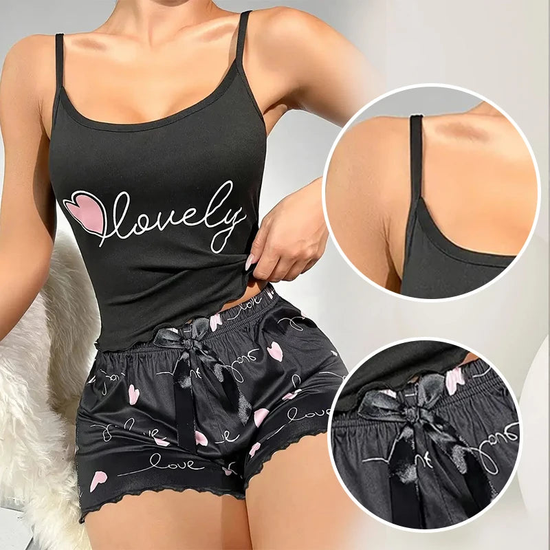 Ensemble pyjama en soie de lait pour femmes, Camisole et short imprimés, deux pièces, vêtements de maison confortables, tenue de détente Sexy, été