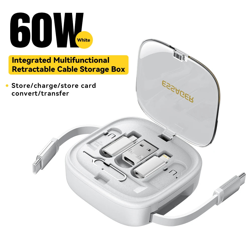 Essager 60W Charge rapide USB A/C à TypeC Micro câble Lightning Mini boîte de rangement de voyage multifonctionnelle avec jeu de broches de support pour téléphone