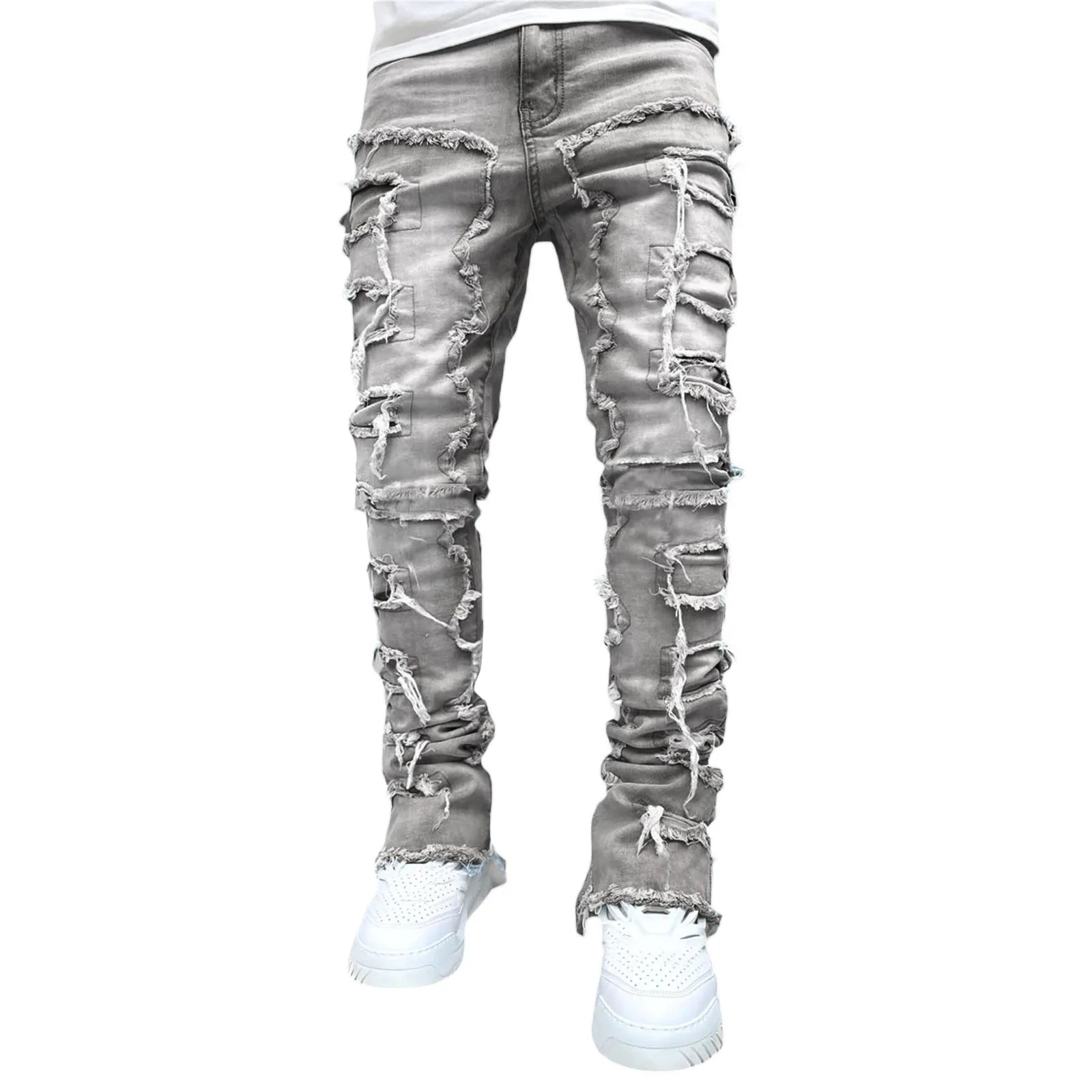 Jean empilé coupe régulière pour hommes déchiré coupe slim patch délavé Pantalon en denim droit détruit Hip Hop Pantalon streetwear tissu