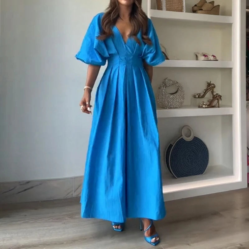Robe de soirée française pour femmes, couleur unie, col en v, taille haute, longue, bureau, élégante, plissée, manches courtes, ligne a, nouvelle collection été 2024