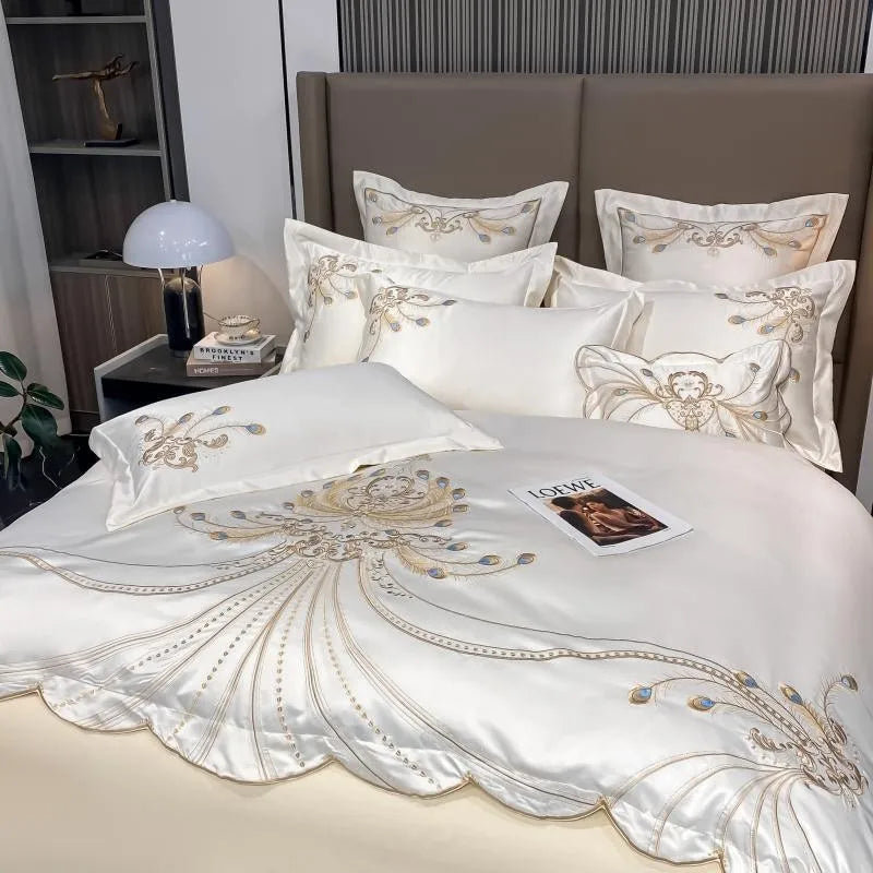 4/6 pièces blanc gris satin or broderie luxe Satin coton ensemble de literie Double reine roi housse de couette drap de lit taies d'oreiller