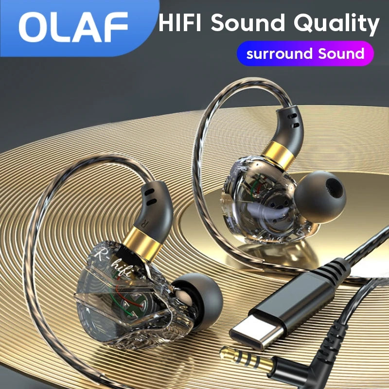Écouteurs filaires Olaf Prise jack 3,5 mm / Port USB Type C Écouteurs intra-auriculaires stéréo filaires anti-chute avec casque microphone