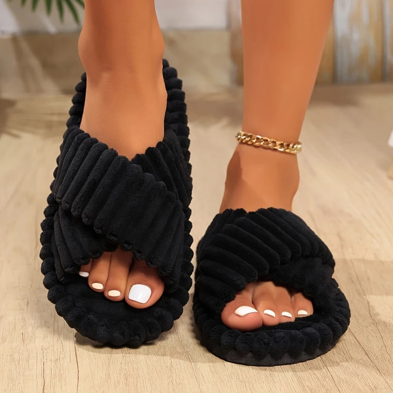 Pantoufles de maison en velours côtelé pour femmes et hommes, diapositives plates douces et chaudes, sandales d'intérieur en peluche concises pour quatre saisons