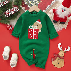 2025 Combinaison de Noël unisexe pour bébé Vert Vêtements mignons pour nouveau-né Automne Hiver Garçons Filles Col rond Cadeau de Noël Body en tricot
