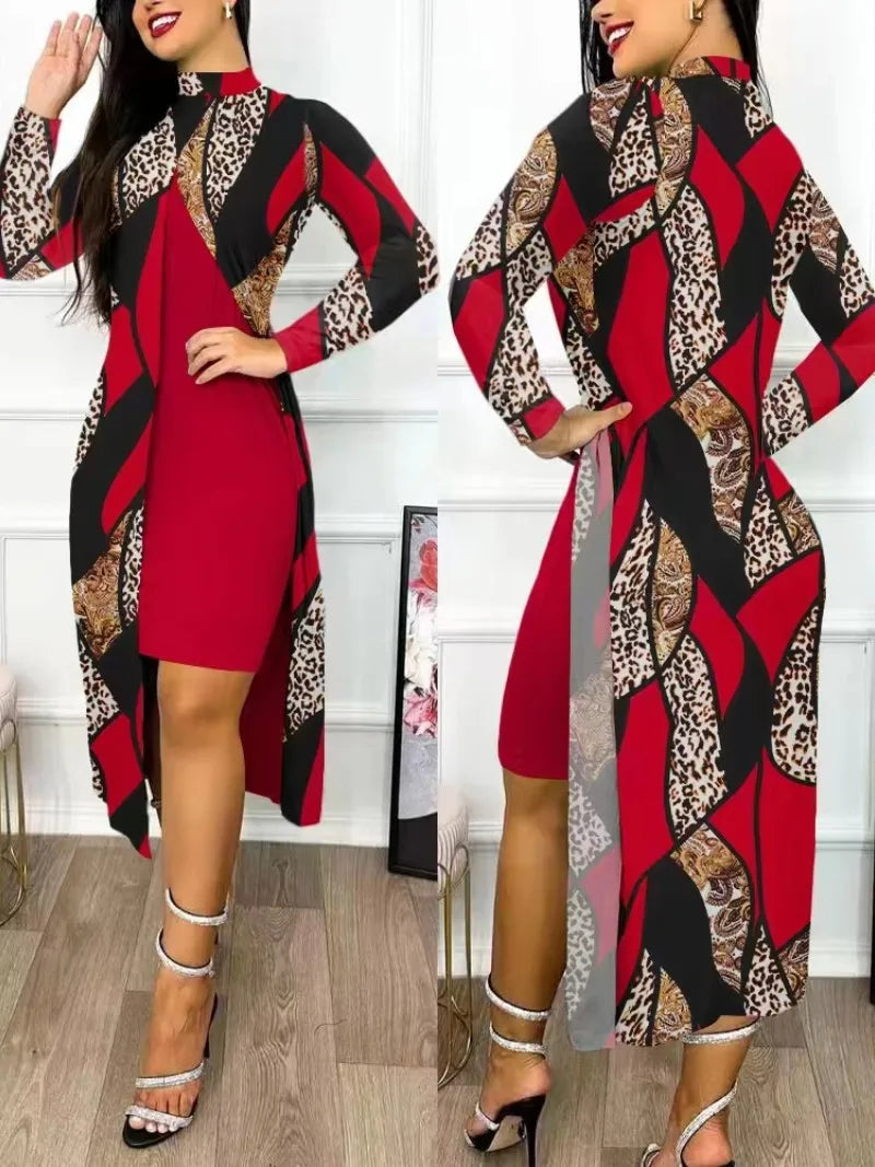 Ensemble deux pièces pour femmes, robes imprimées, manches longues, col mi-haut, Cardigan fendu, costumes élégants, ligne A, bureau, Y2k