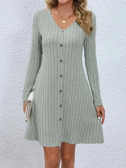 Robe boutonnée à col en v pour femmes, monochromatique, ligne a, décontractée, confortable, tendance printemps automne