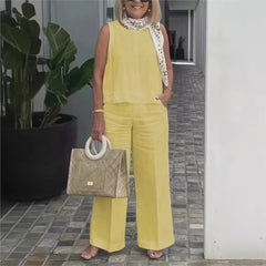 Printemps été coton lin couleur unie sans manches femmes pantalon costume Simple décontracté poche élégant femme bureau rétro 2 pièces ensemble