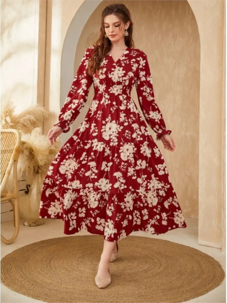 Autumn Women's New Sexy V-neck Fashionable Printed Cake Long Sleeves Medium To Long Length Casual Comfortable Dress For Women