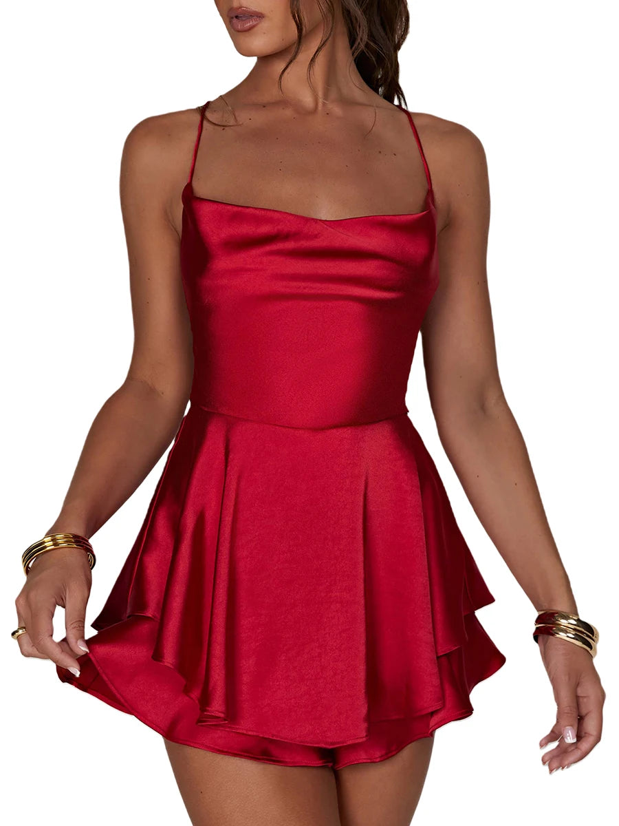 Combishort dos nu croisé pour femme, combinaison courte, barboteuse, club, streetwear, été