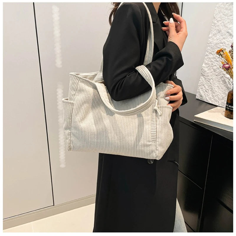 Sac à main décontracté en velours côtelé avec fermeture à glissière, léger et grande capacité, bandoulière fixe, couleur unie, sac à main de banlieue quotidien