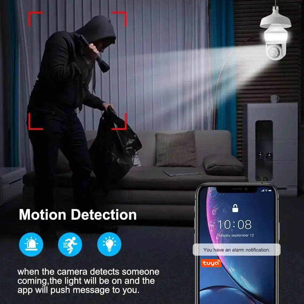 Tuya E27 ampoule double écran WiFi caméra 5MP intérieur 5x Zoom PTZ caméra de sécurité IR couleur Vision nocturne Surveillance sans fil