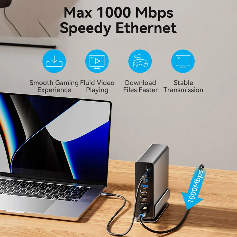 Vention 15 en 1 Station d'accueil USB C 4K HDMI Triple moniteur Hub USB 3.2 10Gbps RJ45 1000M 100W pour Windows PC portable HP MacBook