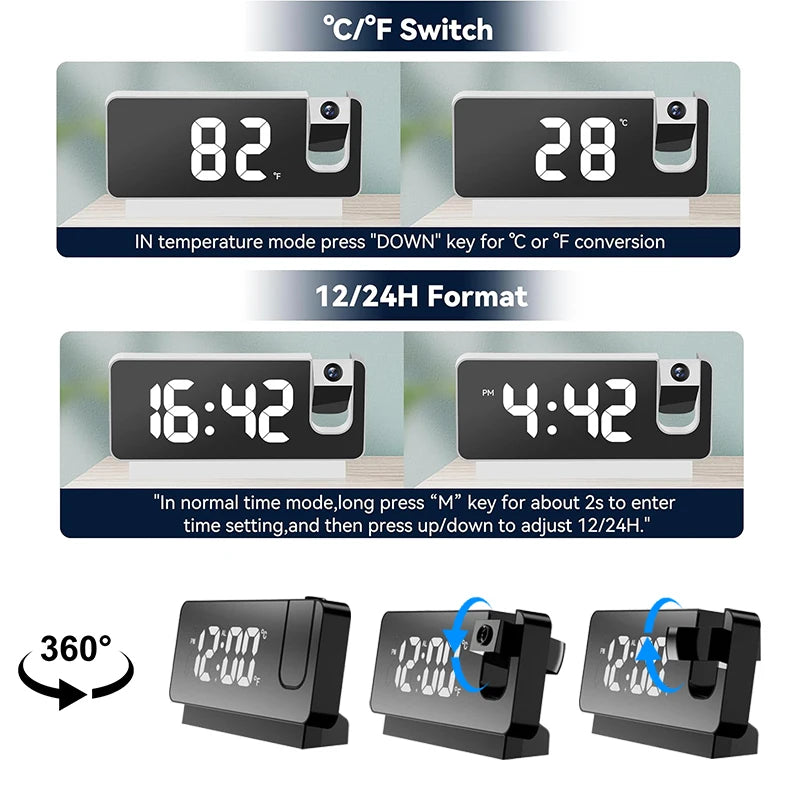360 °   Réveil numérique à Projection LED, montre de Table électronique, horloge de chevet, affichage de la température et de la Date, modèle Snooze