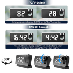 360 °   Réveil numérique à Projection LED, montre de Table électronique, horloge de chevet, affichage de la température et de la Date, modèle Snooze