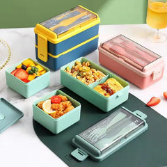Boîte à déjeuner Portable pour enfants, avec fourchette et cuillère, boîtes à Bento en plastique Double couche pour micro-ondes, ensemble de vaisselle, conteneur de stockage des aliments