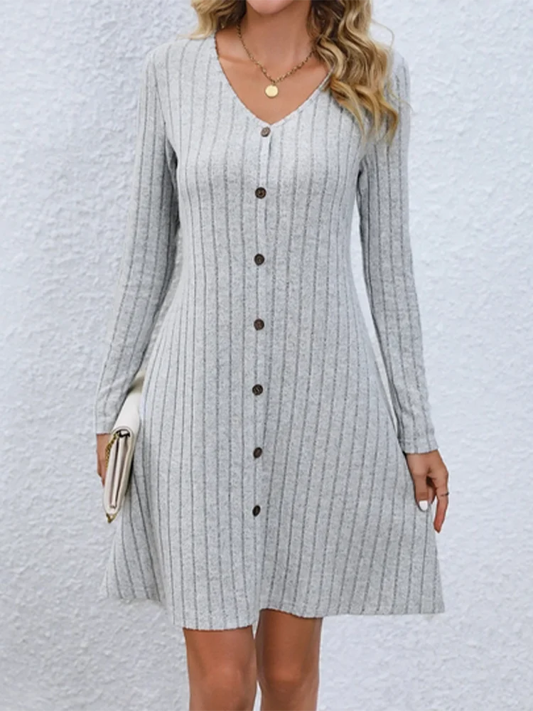 Robe boutonnée à col en v pour femmes, monochromatique, ligne a, décontractée, confortable, tendance printemps automne